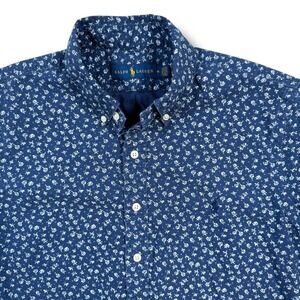 Ralph Lauren Button Down Shirt Mens M Blue Floral Short Sleeve Cotton Logo